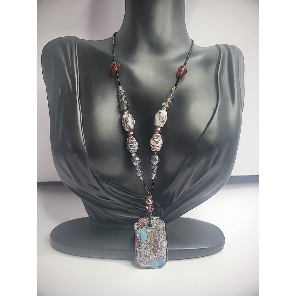 Vintage Silver Tone Beaded Necklace Rectangular Pendant‎ Jewelry Costume